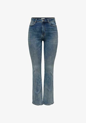 High-waisted blue denim jeans with a slim fit through the thigh and slight flare at the ankle, featuring a classic five-pocket design.