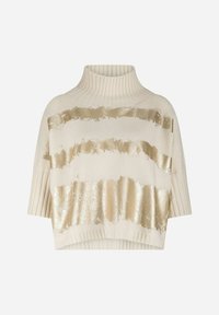Strickpullover mit hohem, geripptem Kragen; elfenbeinfarbig, akzentuiert mit unregelmäßigen, metallischen goldenen Streifen; kurze Ärmel; strukturierter Stoff.