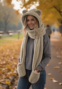 Beige fleece hoodie med bjørneører, matchende tørklæde med lommer, båret over en grå sweatshirt og blå jeans, sat mod en parkbaggrund.