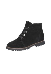 Zwarte suède enkellaarsjes met een ronde neus, vetersluiting aan de voorkant en een contrasterende bruine zool met een gestructureerd, robuust patroon.