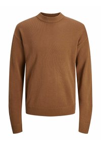 Brauner Strickpullover mit Rundhalsausschnitt, gerippten Bündchen und Saum, mit einem strukturierten Muster für zusätzliche Details.