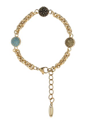Bracciale a catena d'oro con tre perle rotonde incastonate di gemme in blu, nero e oro, dotato di chiusura a moschettone e maglie regolabili.