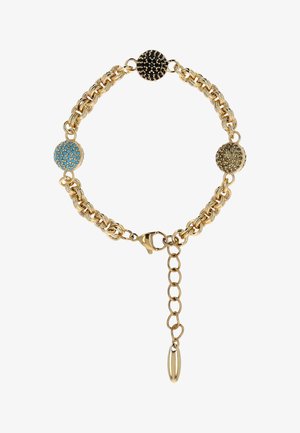 Guldhalskædearmbånd med tre runde perler prydet med sten i blå, sort og guld, med en hummerlåse og justerbare led.