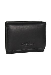 Schwarze Lederbrieftasche mit glatter Oberfläche, rechteckiger Form und geprägtem Logo. Verfügt über gestickte Akzente entlang der Kanten.