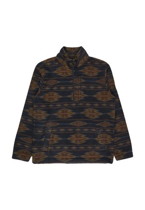 Fleece pullover with half-zip, featuring a brown and black geometric pattern and front and chest pockets.