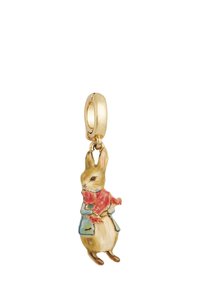 Gold hoop charm with a detailed rabbit wearing a blue jacket and red scarf, standing upright.