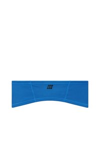 Blauwe sportieve hoofdband met een gladde textuur, elastisch materiaal, gebogen ontwerp en een klein zwart logo in het midden.