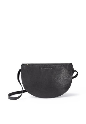 Black leather crossbody bag featuring a rounded shape, smooth texture, and a zip closure. Includes an adjustable strap for versatile wear.