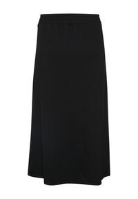 Mustat polvipituiset hameet, jotka on valmistettu pehmeästä, joustavasta kankaasta. Varustettu elastisella vyötärönauhoilla mukavuutta varten ja yksinkertaisella, sileällä siluetilla.