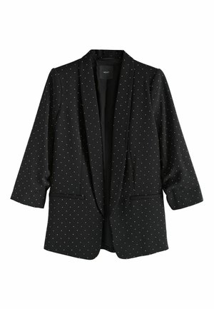 Černý blazer s tříčtvrtečními rukávy, bílými puntíky, dvěma předními kapsami a šálovým límcem, vyrobený z hladké látky.