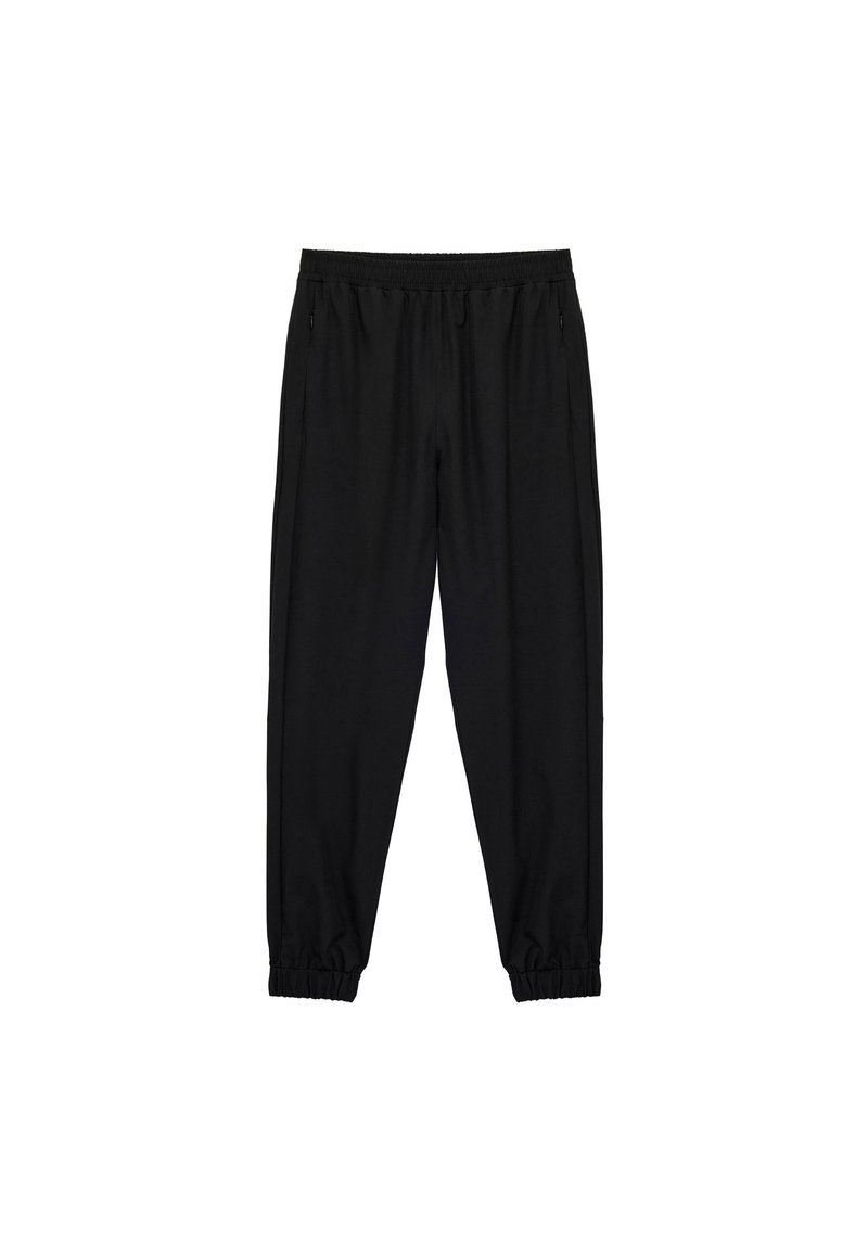 Pantalones deportivos negros con una cintura elástica, piernas ajustadas y puños elásticos. Fabricados con una tela suave y ligera.