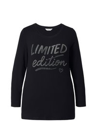 Černá dlouhá rukávová košile s kulatým výstřihem a textem "LIMITED edition" ve stříbrných kamíncích. Měkká bavlněná tkanina, volný střih.