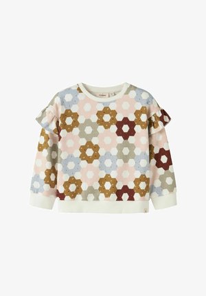 Pulover z vzorcem večbarvnih heksagonov v odtenkih roza, modre, rjave in krem. Naborki na rokavih in pletena tekstura.