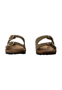Olivengrønne sandaler med dobbelt spænde, bløde læderremme, kork sål og sort gummisål for bedre greb. Åben tå-design.