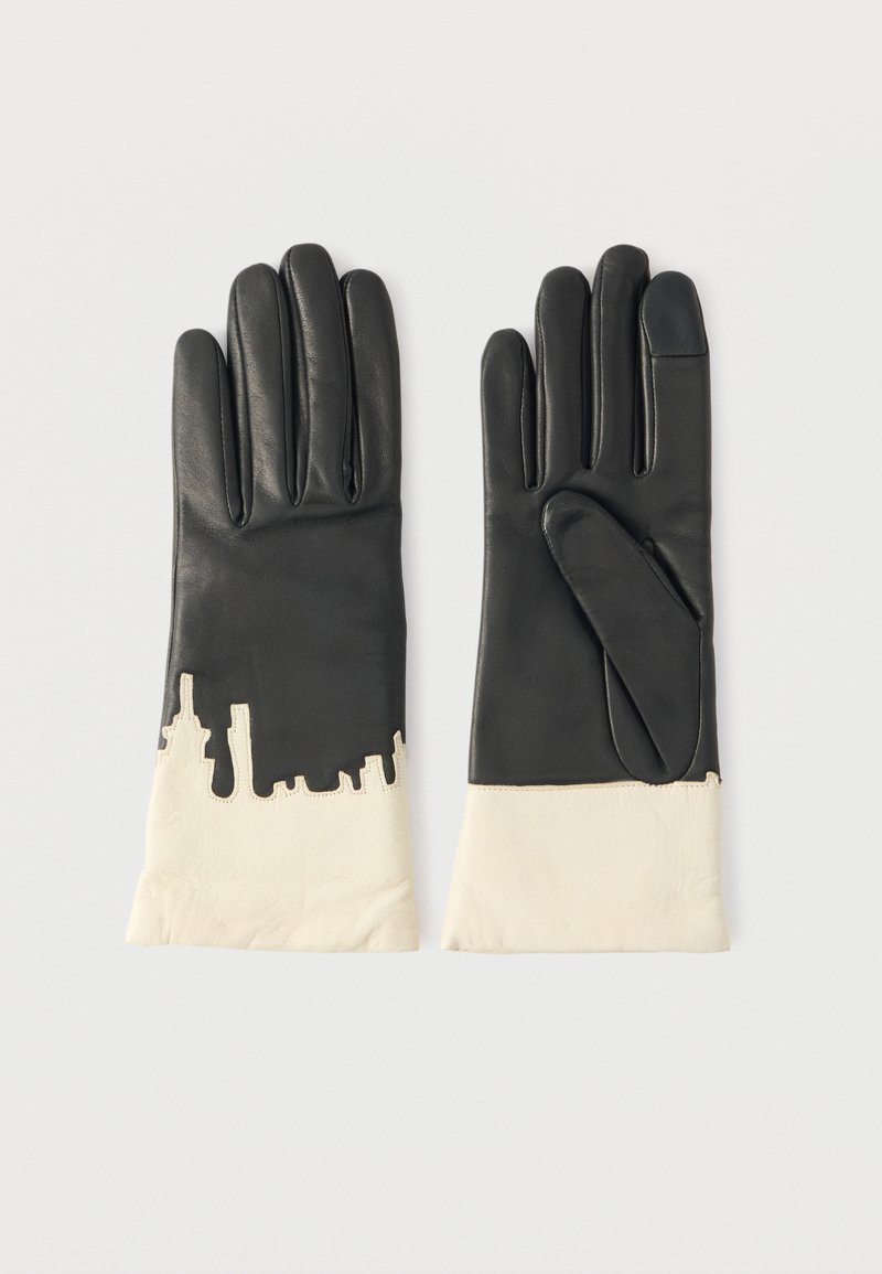 Nahast kindad, millel on must pealiskihiga, kreemjas peopesa ja linnasilueti väljalõige. Omadusteks on elegantne kuju ja sile tekstuur.