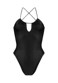 Costume intero nero con un'apertura a chiave e sottili spalline incrociate sul retro, realizzato in tessuto liscio.