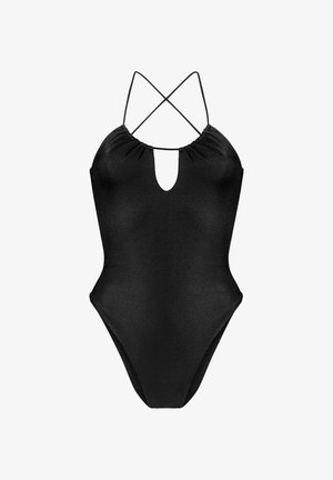 Svart baddräkt med helkroppdesign och nyckelhålsutskärning samt tunna korslagda band på baksidan, tillverkad av slät tyg.