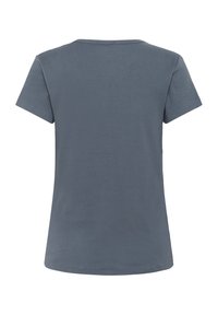Blaues geripptes T-Shirt mit kurzen Ärmeln und Rundhalsausschnitt. Glatte Textur, einfarbig und mit geradem Saum am unteren Ende.