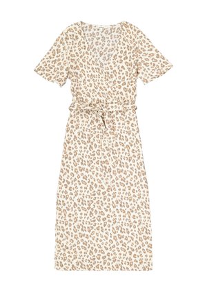 Robe imprimé léopard en beige et marron, fabriquée en tissu doux, avec un décolleté en V, des manches courtes et une taille nouée. Coupe mi-longue.