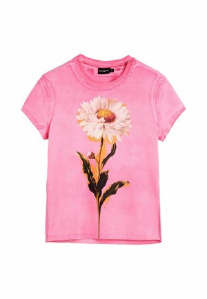 T-shirt rosa a maniche corte con una grande margherita bianca e foglie verdi stampate sul davanti, taglia media.