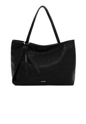 Sac tote noir en matériau texturé. Doté de poignées allongées, d'une silhouette lisse et d'un ruban décoratif avec des détails de logo.