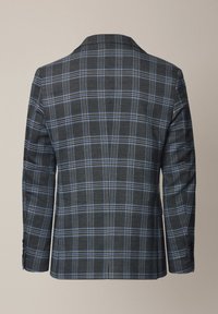 Marynarka w kratę z ciemnoszarym i jasnoniebieskim wzorem, ze wzmocnionymi ramionami, z klapami i guzikami przy mankietach.