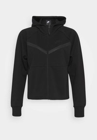 Black zip-up hoodie with a fitted design, featuring a hood, long sleeves, and two front pockets. Smooth fabric with a subtle sheen.
