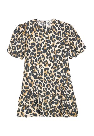 Robe à imprimé léopard en beige, noir et marron, avec des manches bouffantes et un ourlet volanté. Fabriquée en tissu léger, dotée d'un col rond.