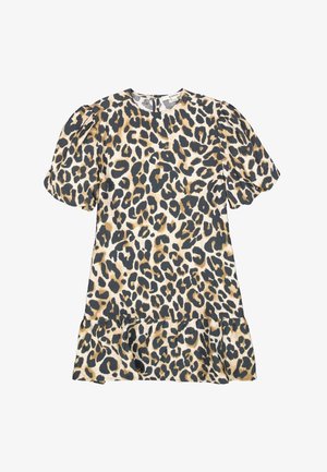 Leopardenmusterkleid in Beige, Schwarz und Braun, mit Puffärmeln und einem Rüschensaum. Hergestellt aus leichtem Stoff, mit Rundhalsausschnitt.