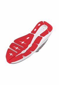 Semelle de chaussure avec un extérieur en caoutchouc rouge, des rainures texturées, des accents blancs et un design courbé pour une meilleure traction et flexibilité.