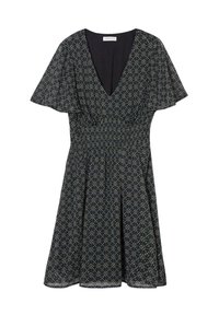 Robe à motif floral en marine avec un décolleté en V profond, des manches volantées et un corsage ajusté, dotée d'une jupe fluide et d'un tissu léger.