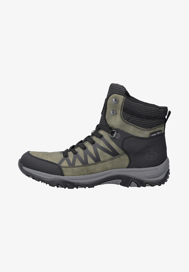 Hochgeschnittene Outdoor-Stiefel in Olivgrün und Schwarz. Wildleder- und Synthetikmaterial mit strukturierten Einsätzen, einer Gummisohle und verstärktem Zeh.
