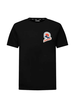 T-shirt di cotone nero con colletto rotondo e maniche corte, decorato con un logo ricamato colorato sul lato sinistro del petto.