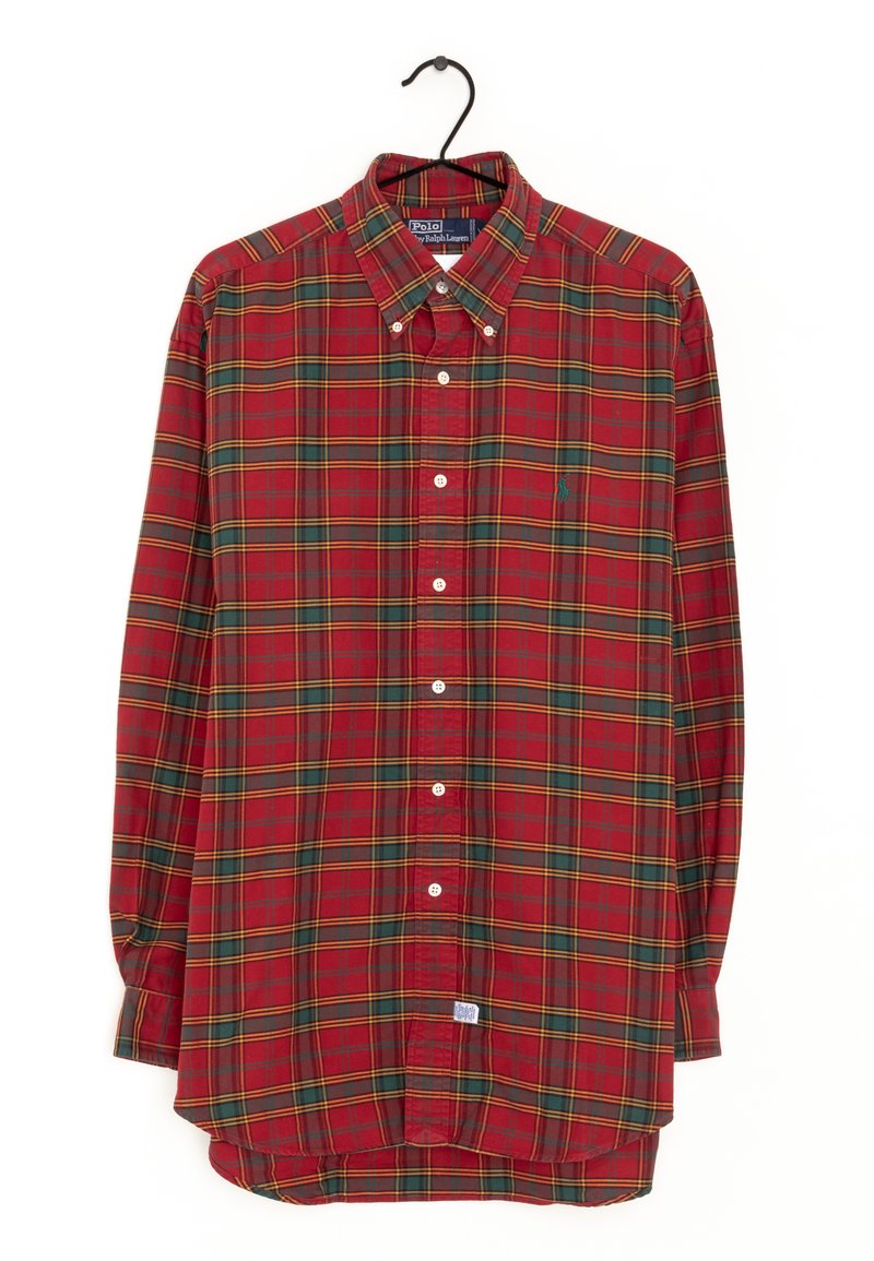 Röd rutigt långärmad skjorta i bomull, med knäppningkrage, liten grön logotyp och vita knappar. Hemsidan är rundad för en avslappnad passform.