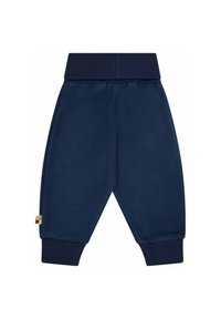 Pantaloni da jogging blu navy realizzati in un tessuto morbido, con una vasta cintura elastica, polsi elasticizzati e un piccolo tag multicolore sul lato.