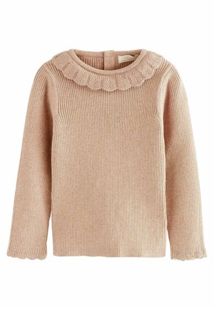 Beige geribde trui met lange mouwen en gegolfde kanten afwerking bij de ronde hals en manchetten, geschikt voor kinderen.