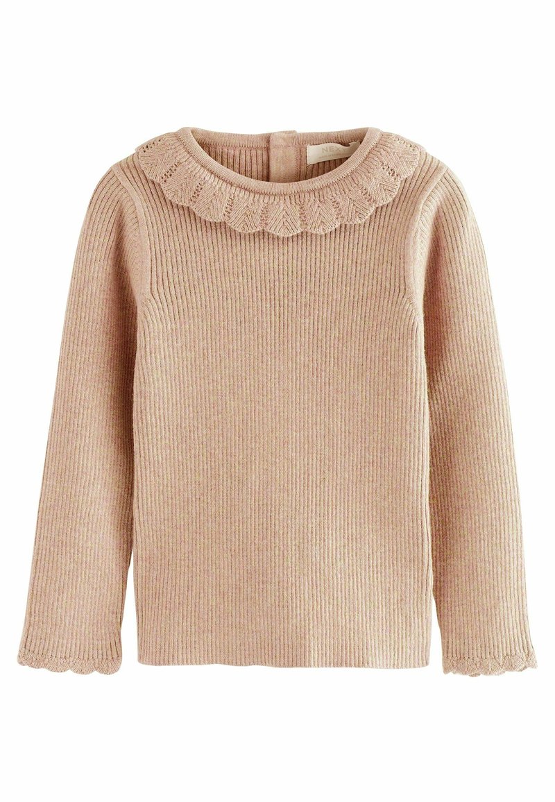 Pull beige côtelé à manches longues avec bordure en dentelle festonnée au col rond et aux poignets, adapté aux enfants.