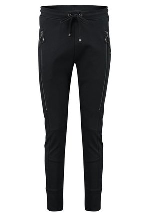 Black jogger pants made from soft fabric with a slim fit. Features side zip pockets and adjustable drawstring waist. Smooth texture and minimal design.