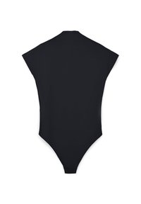 Body nero con collo alto e maniche corte a cappuccio, realizzato in un tessuto liscio ed elastico, con una vestibilità aderente che si restringe fino a un taglio foulard.