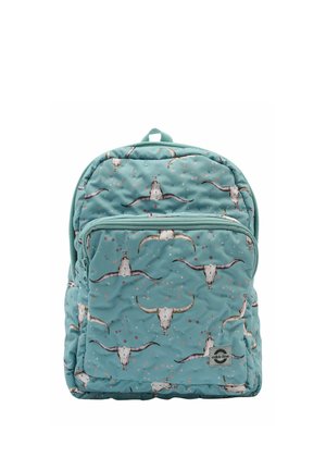 Lyseblå rygsæk med lynlåslukket frontlomme, dekoreret med gentagne mønstre af langhornskranier og små spredte prikker.