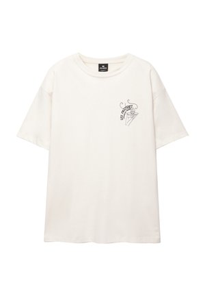 White cotton t-shirt with short sleeves. Features minimalist black graphic of a hand holding a pastry on the left side. Crew neckline.