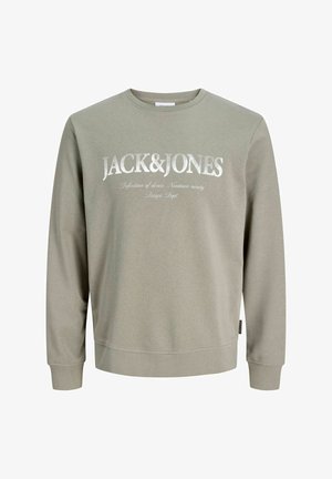 Green sweatshirt with a round neckline, long sleeves, featuring a prominent white logo print and text detailing across the chest.
