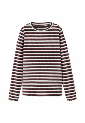 Long-sleeve top with a ribbed texture, featuring maroon and white horizontal stripes. The hem has a scalloped edge. Round neckline.