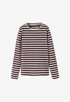 Long-sleeve top with a ribbed texture, featuring maroon and white horizontal stripes. The hem has a scalloped edge. Round neckline.
