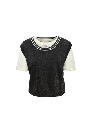 Top corto nero a maniche corte in materiale testurizzato e luccicante. Presenta un accento in pizzo bianco sulle maniche e un colletto rotondo a righe.