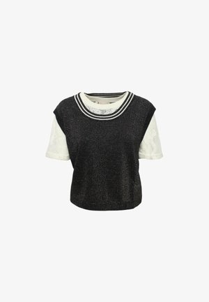 Top corto nero a maniche corte in materiale testurizzato e luccicante. Presenta un accento in pizzo bianco sulle maniche e un colletto rotondo a righe.