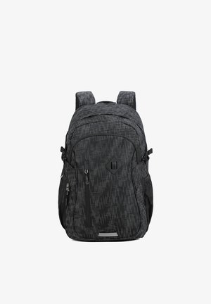 Schwarzer Rucksack mit grauem, abstraktem Linienmuster, mehreren Reißverschlussfächern, gepolsterten Schulterriemen und Seitentaschen.