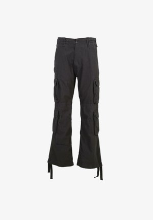 Melni kraukļu bikses ar vairākiem sānu kabatām, brīvs piegriezums, pogu aizdare un regulējami auklas potītēs. Izgatavotas no izturīgas auduma.