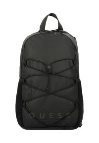Sac à dos en nylon noir avec détails en cordon élastique, bretelles ajustables, poches latérales en mesh et logo en relief sur le devant.