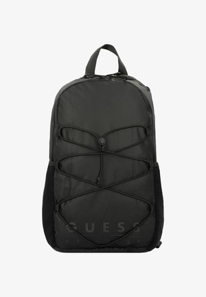 Zaino in nylon nero con dettagli in corda bungee, spallacci regolabili, tasche laterali in rete e logo impresso sul davanti.